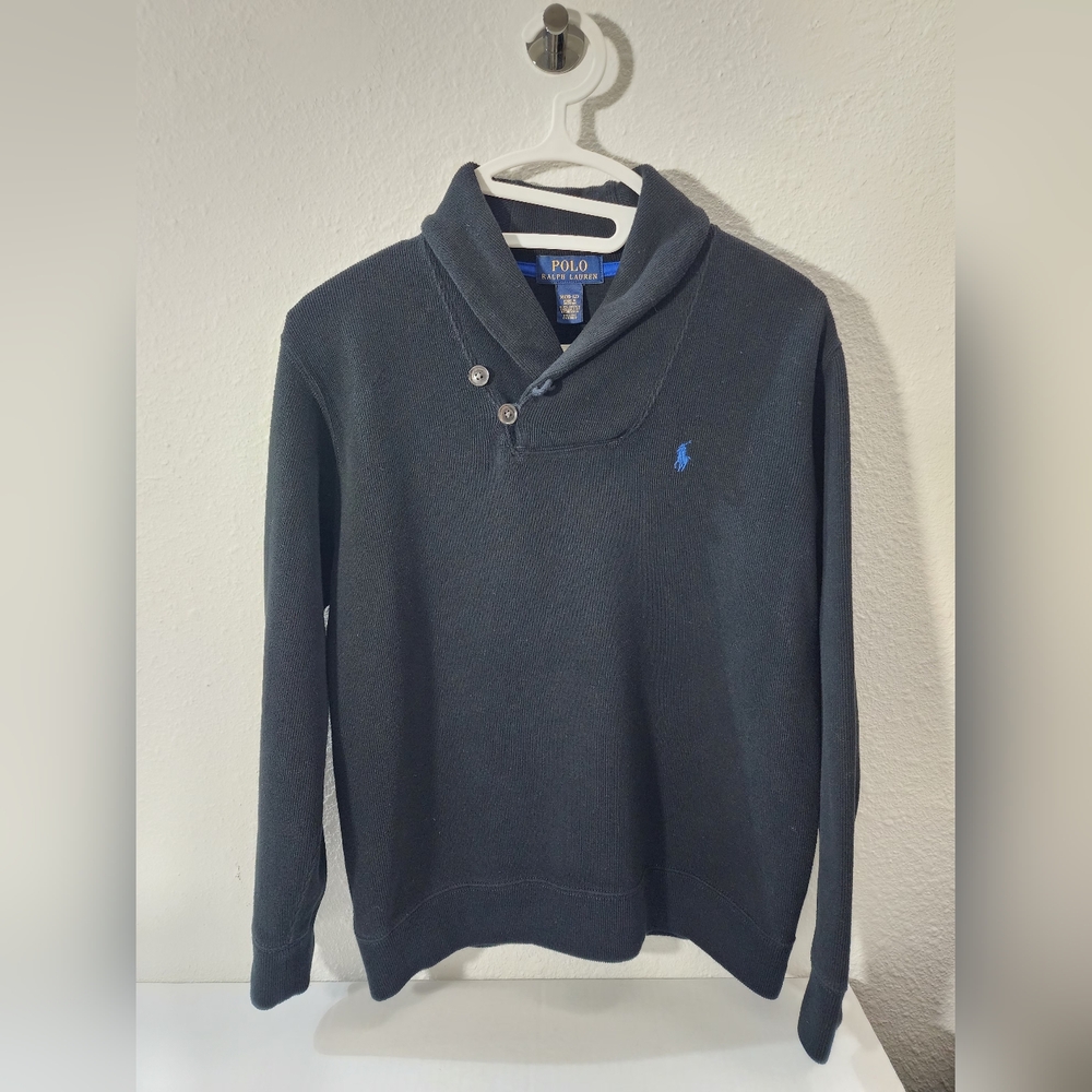 Ralph Lauren Boys Shawl Collar Sweater Cotton Knit Logo  Pullover Size 10-12
